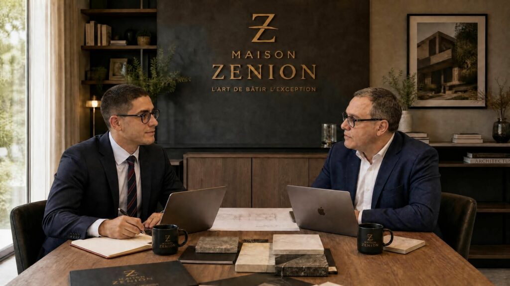 équipe de la maison Zénion en réunion, incarnant la confiance et l'expertise